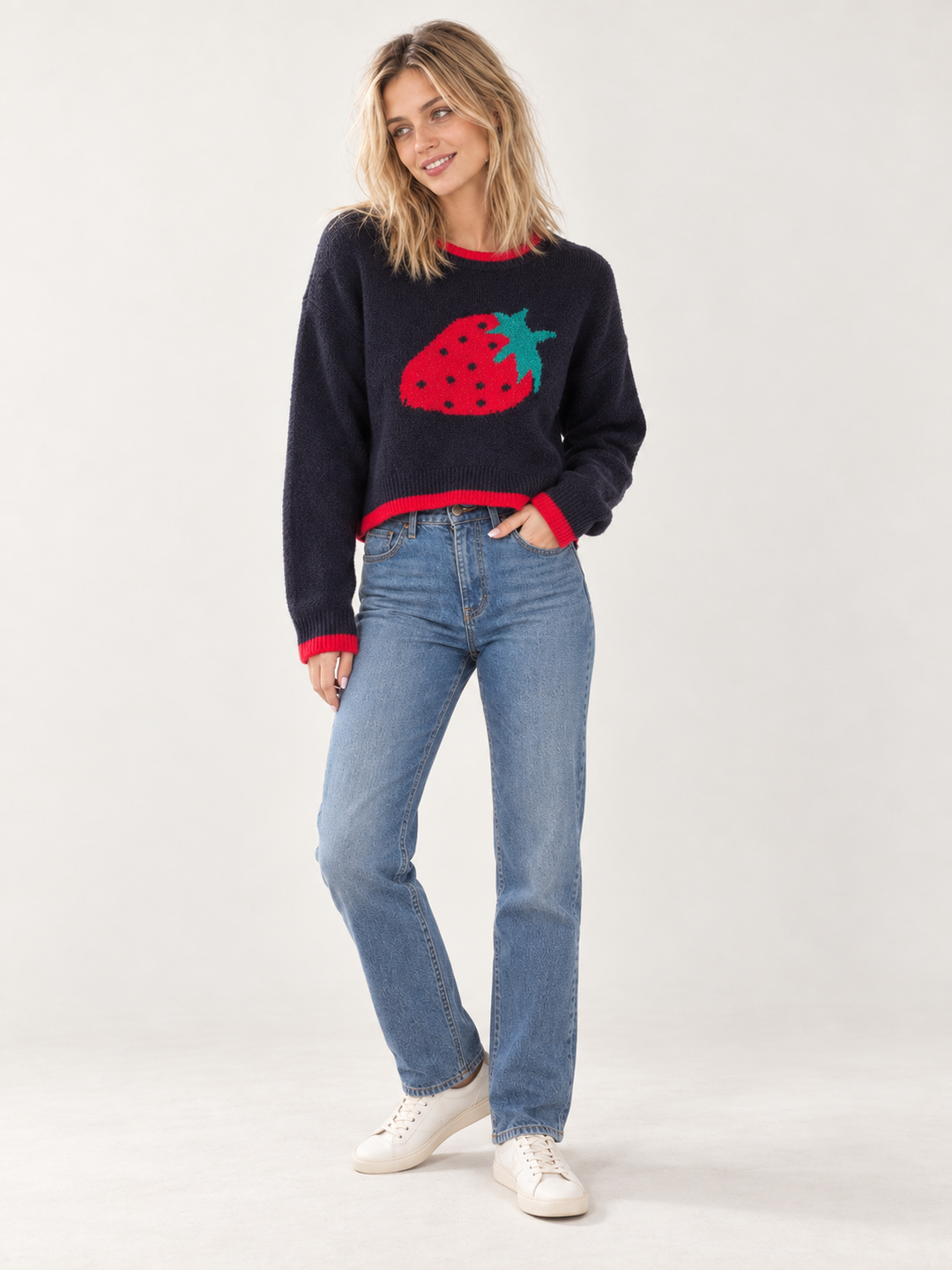 Model wearing Strawberry Crop Sweater, full-body view