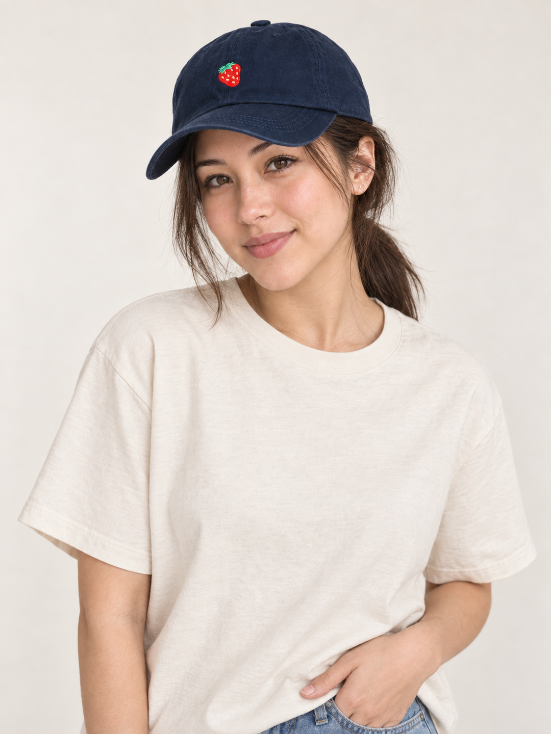 Model wearing Strawberry Hat Navy