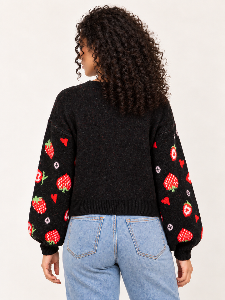 Model wearing Strawberry Heart Cardigan Black, back view