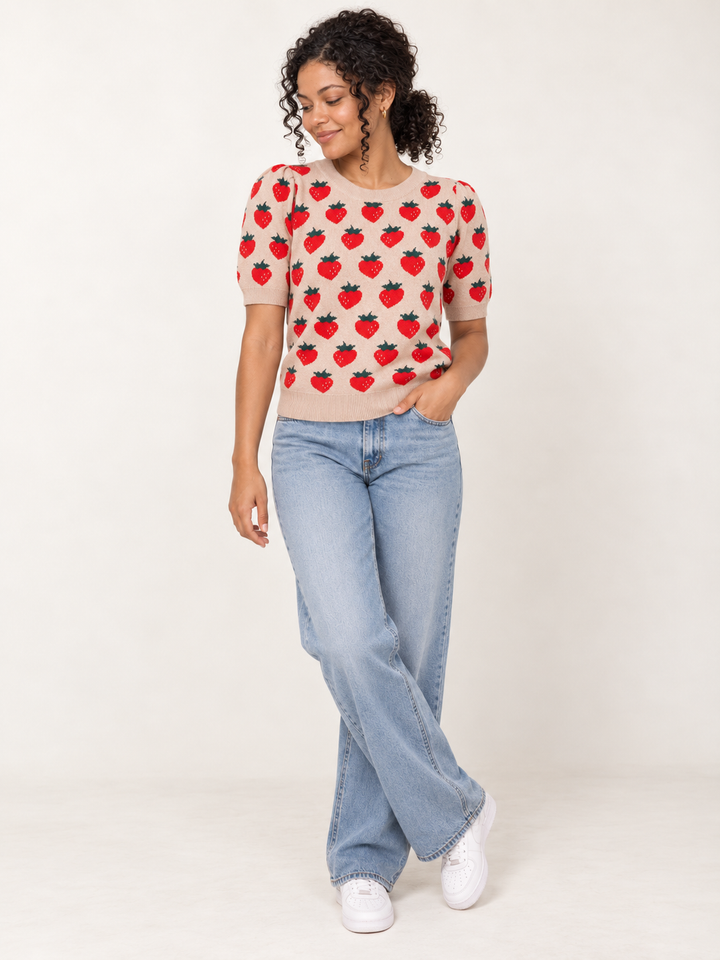 Model wearing strawberry knit short sleeve top in camel, full body view