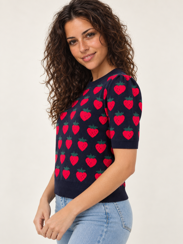 Strawberry Knit Short Sleeve Top Navy – 45-degree view on model