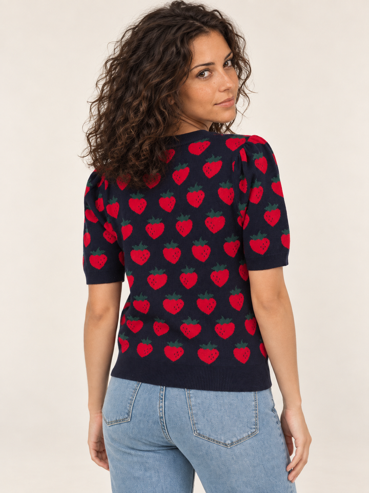 Strawberry Knit Short Sleeve Top Navy – back view on model