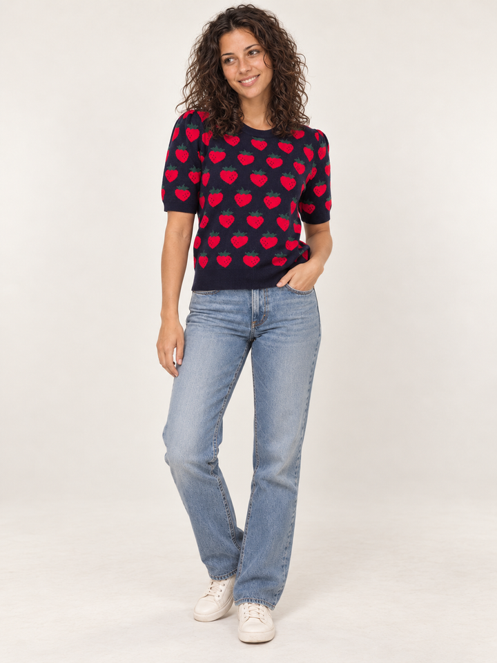 Strawberry Knit Short Sleeve Top Navy – full-body front view on model