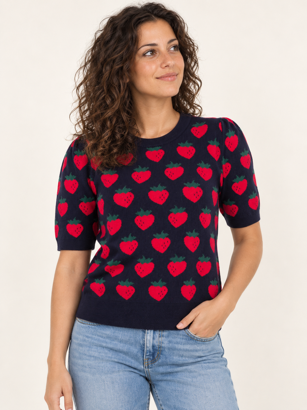 Strawberry Knit Short Sleeve Top Navy – front view on model