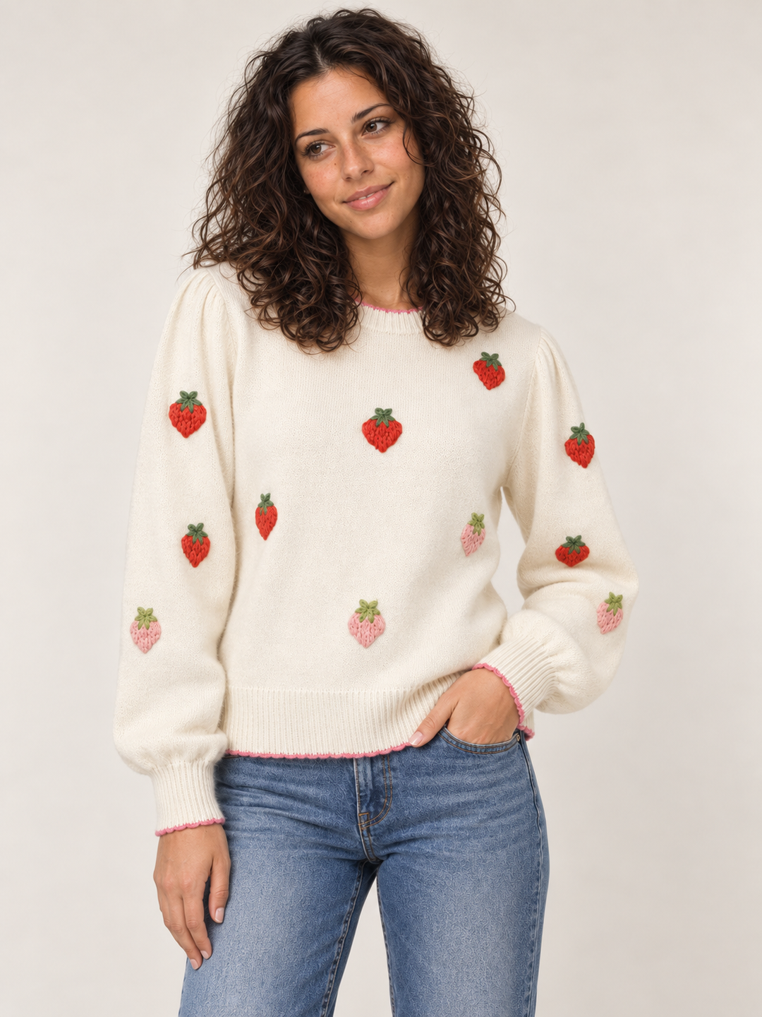 Front view of model wearing Strawberry Red to Pink Embroidery Sweater