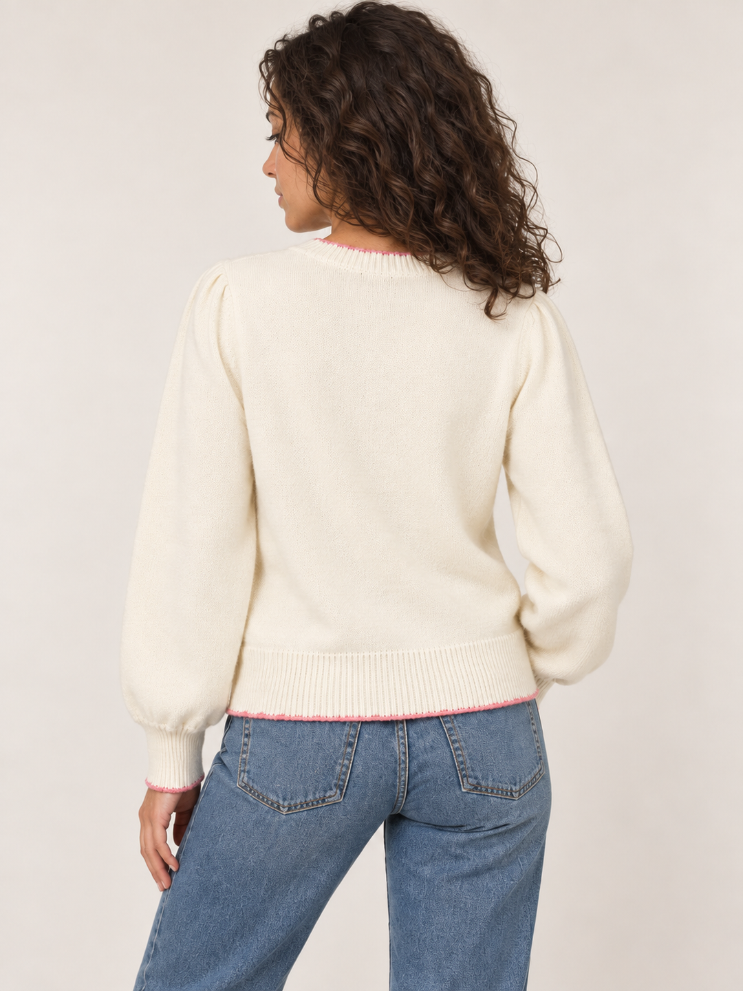 Back view of Strawberry Red to Pink Embroidery Sweater