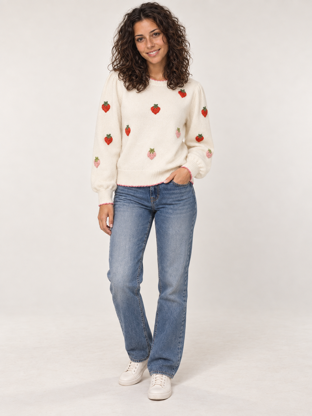 Full-body view of model wearing Strawberry Red to Pink Embroidery Sweater