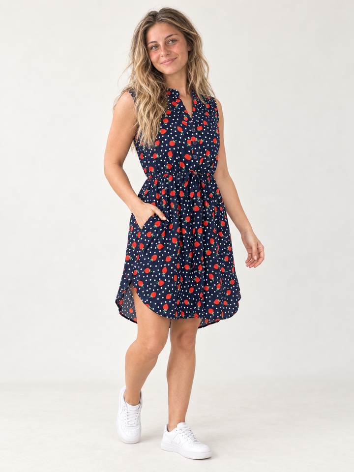 Strawberry V-neck Dress full-body three-quarter view