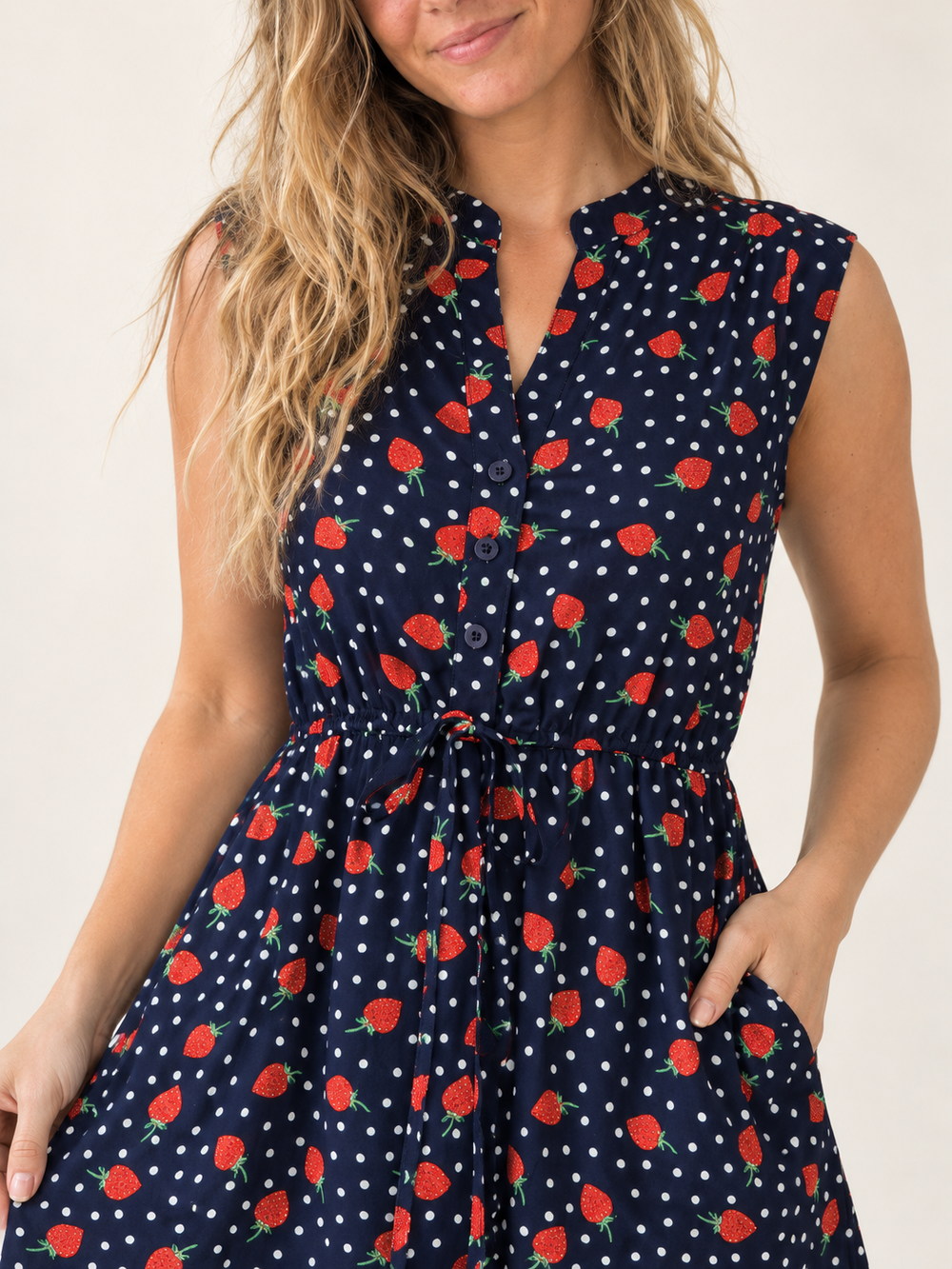 Strawberry V-neck Dress fabric and pattern close-up