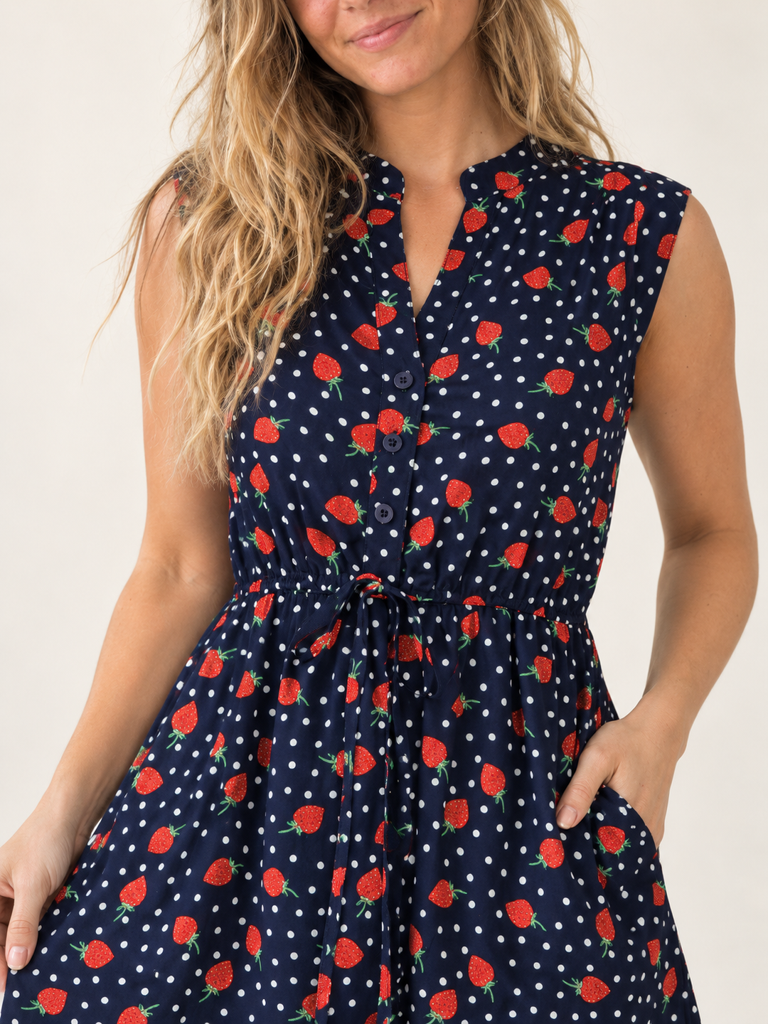 Strawberry V-neck Dress fabric and pattern close-up