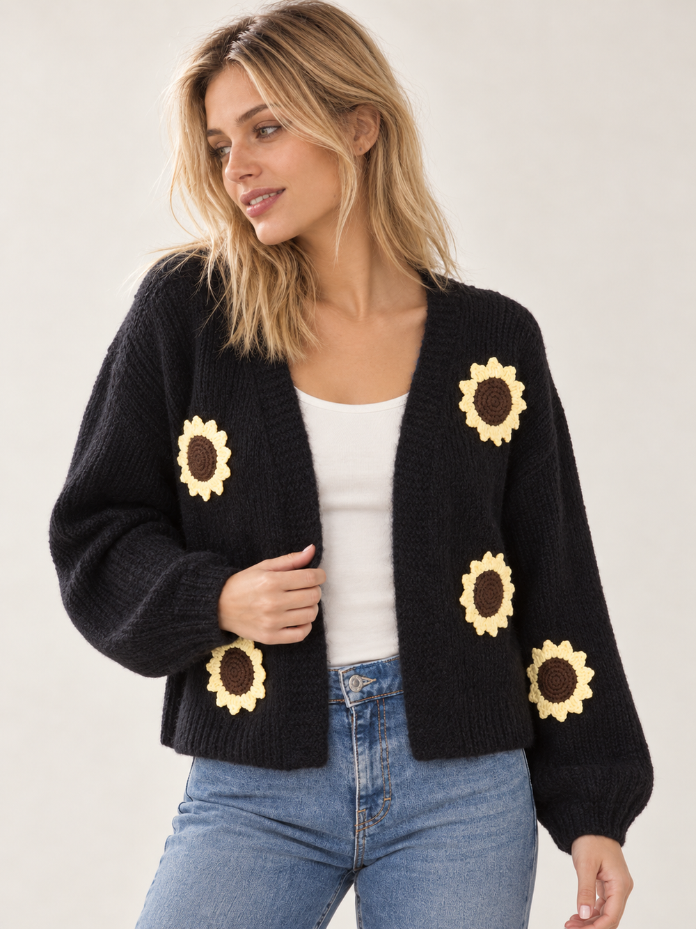 Sunflower Bliss Knit Cardigan Black — angled view