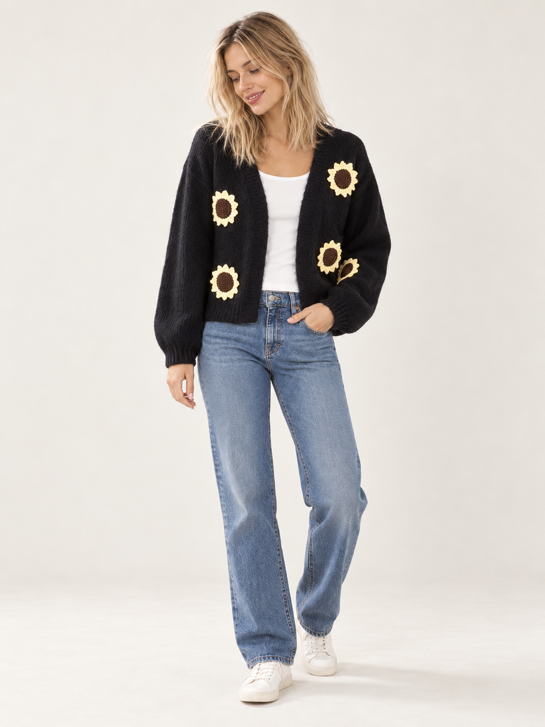 Sunflower Bliss Knit Cardigan Black — full-body view