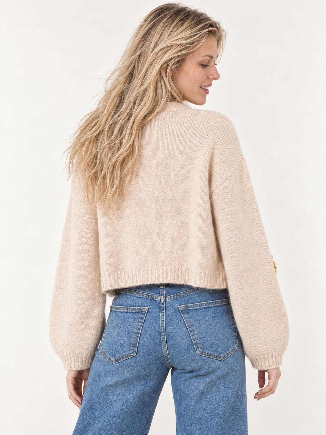 Model wearing Sunflower Bliss Knit Cardigan Tan, back view