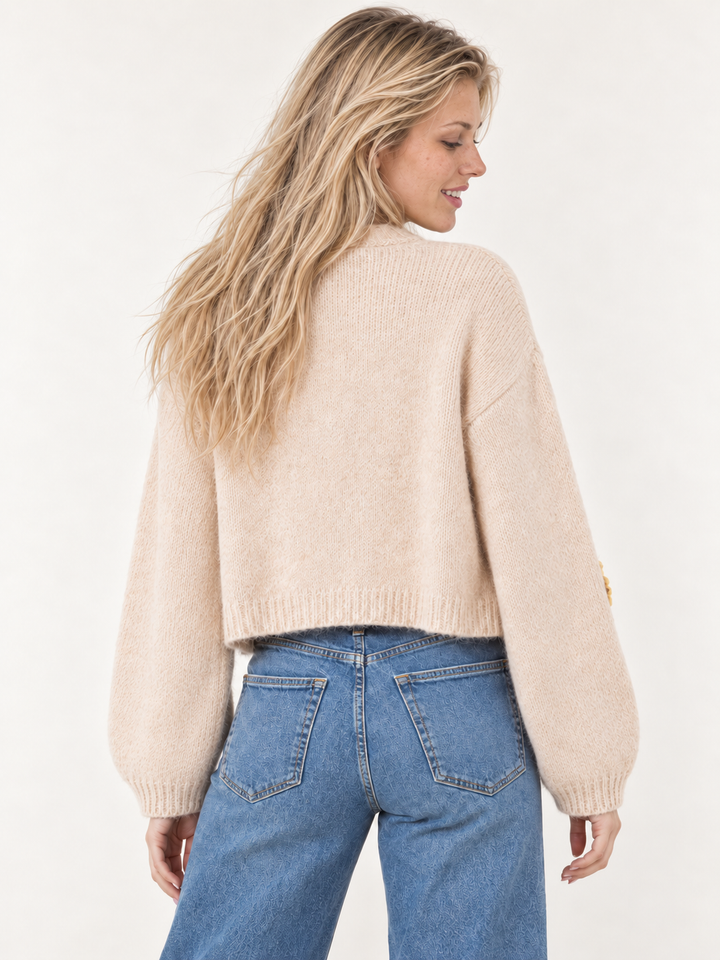 Model wearing Sunflower Bliss Knit Cardigan Tan, back view