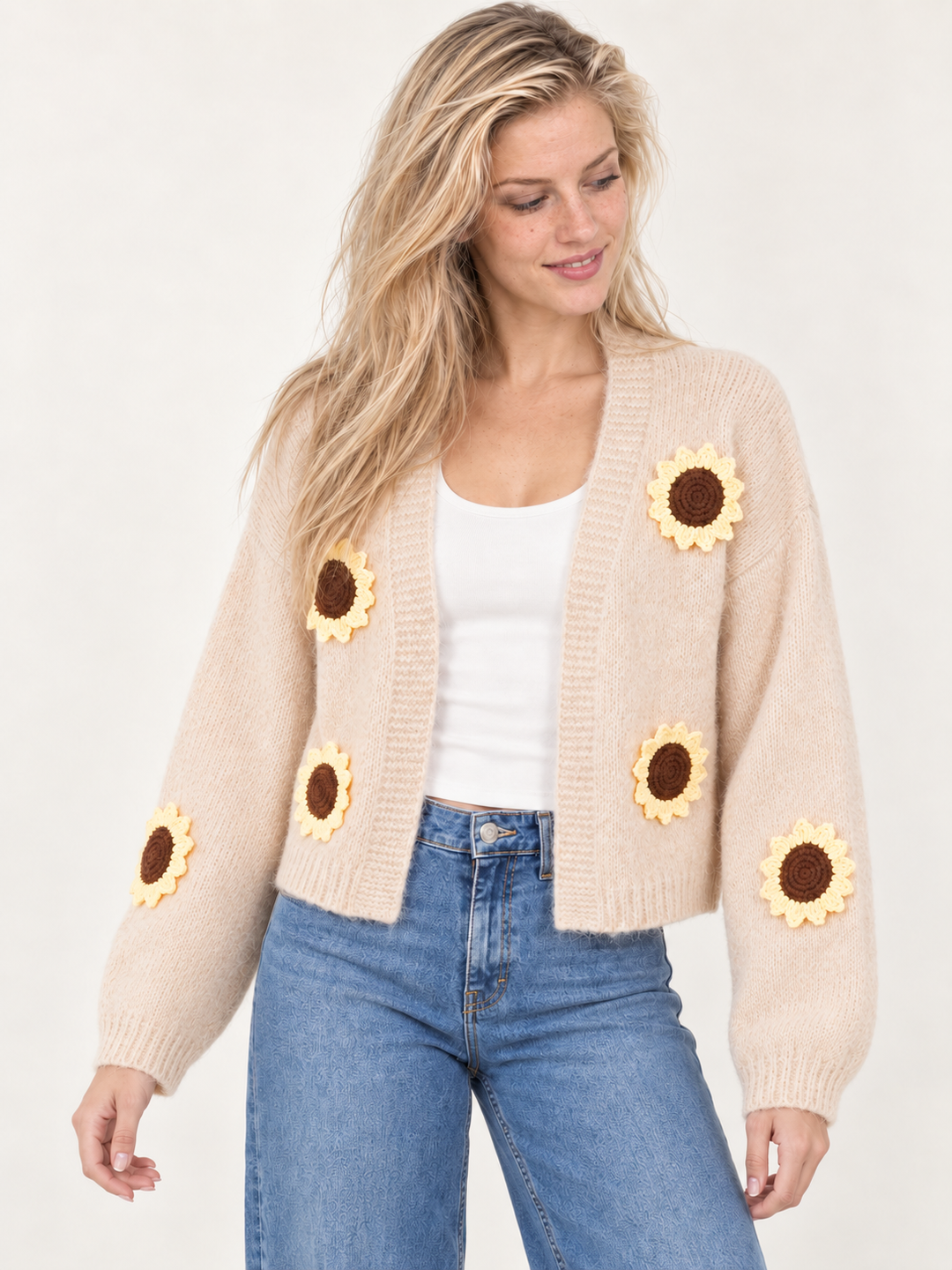 Model wearing Sunflower Bliss Knit Cardigan Tan, front view