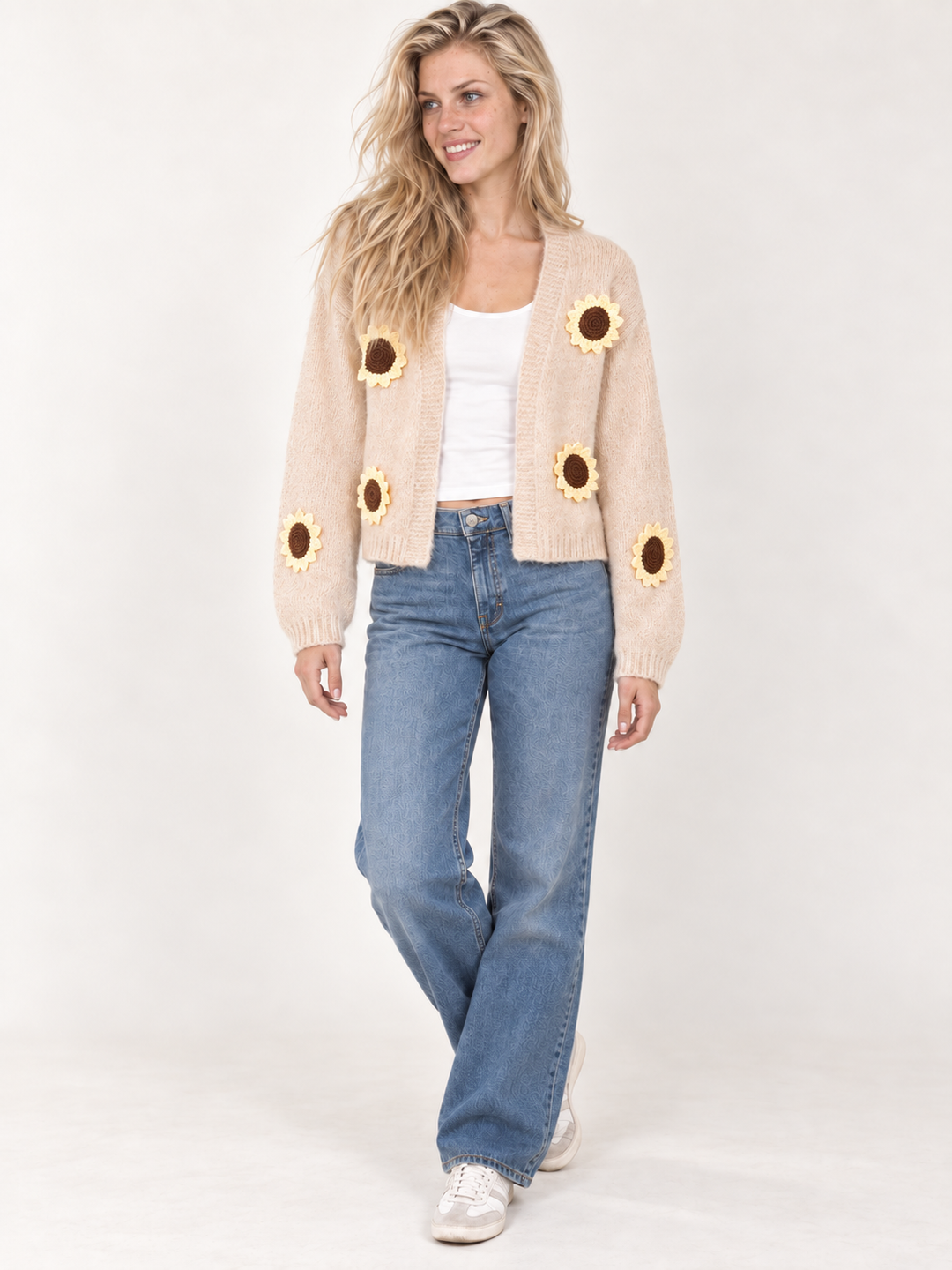 Model wearing Sunflower Bliss Knit Cardigan Tan, full body view