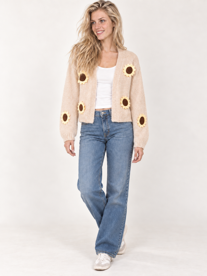 Model wearing Sunflower Bliss Knit Cardigan Tan, full body view