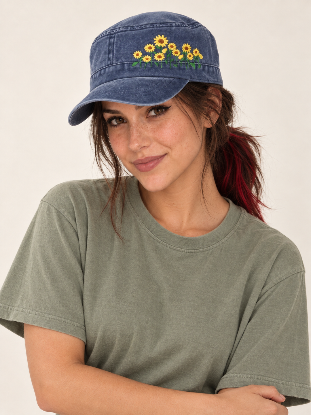 Model wearing the blue sunflower cadet hat with a sage cotton tee
