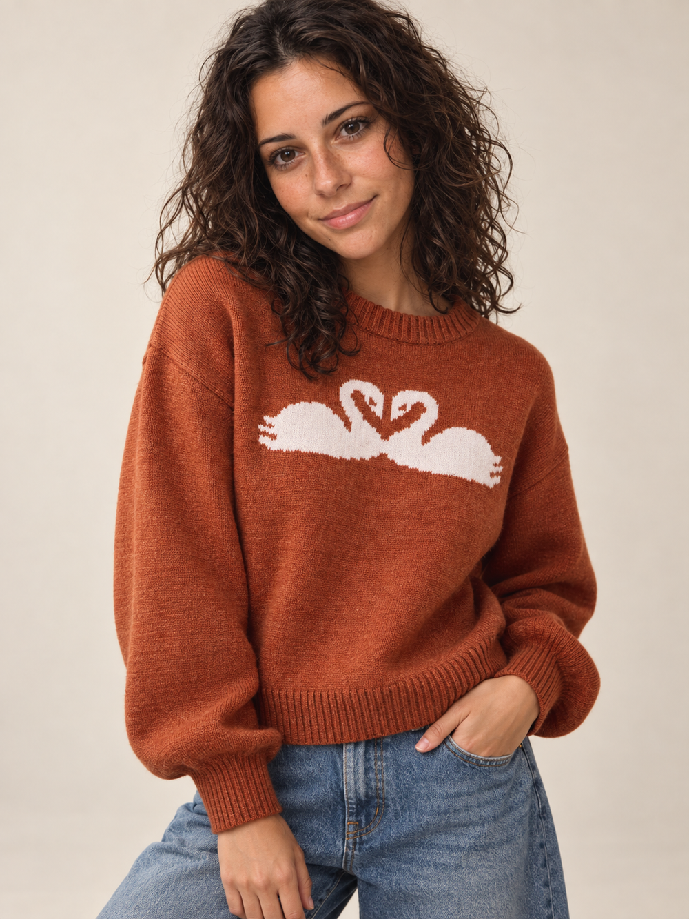 Swan Sweater Rust three-quarter view on model