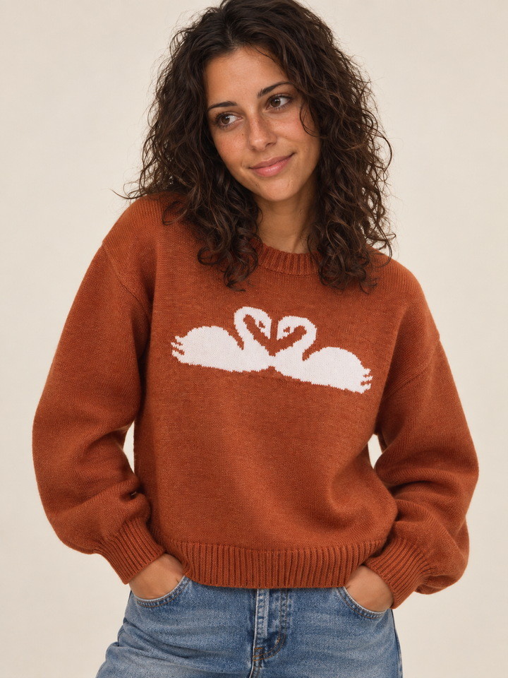 Swan Sweater Rust front view on model