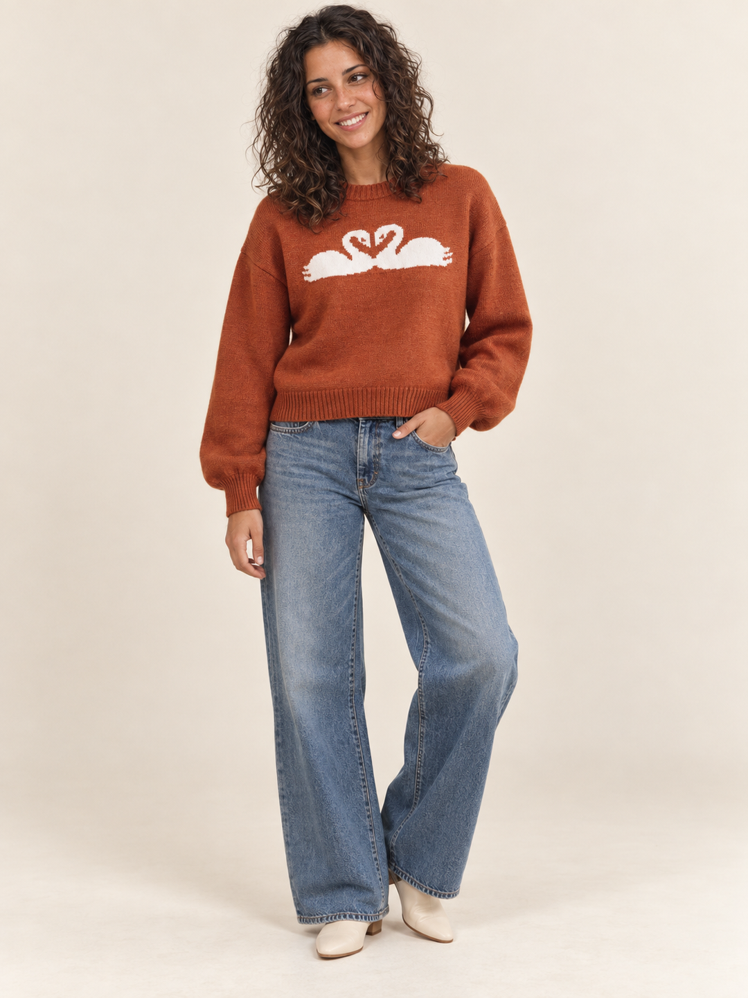 Swan Sweater Rust full-body view on model