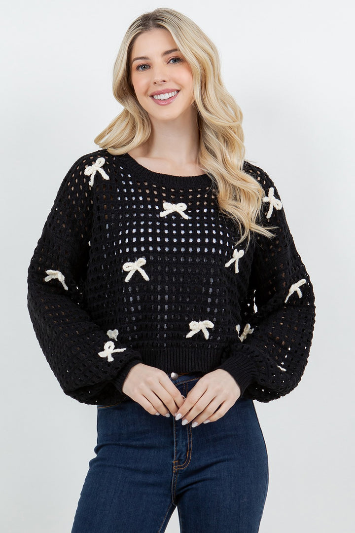 Ribbon Open Knit Sweater Black