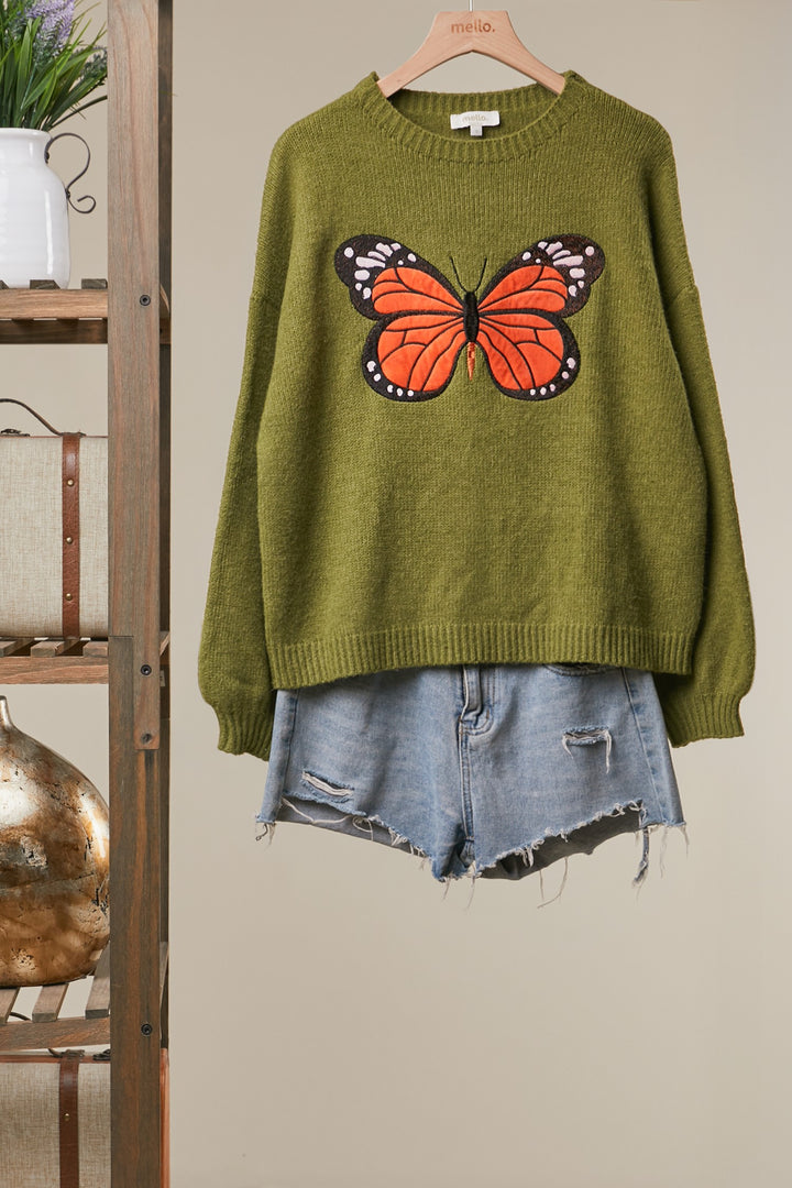 Embroidered Monarch Butterfly Sweater Green
