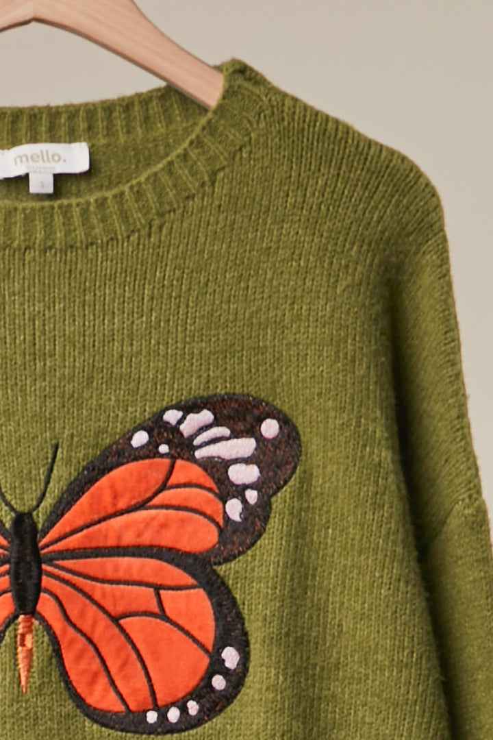 Embroidered Monarch Butterfly Sweater Green