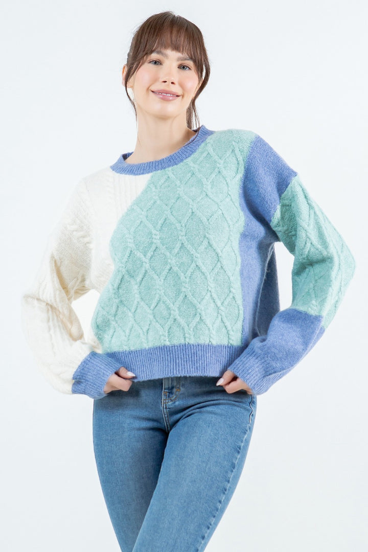 Colorblock Blue Textured Sweater