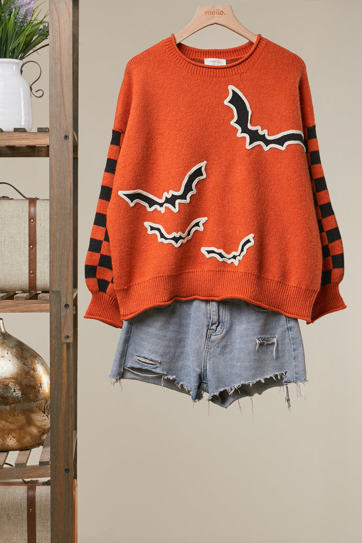 Halloween Sweater Bat Applique Checkered Sleeve