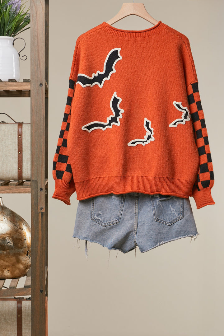 Halloween Sweater Bat Applique Checkered Sleeve