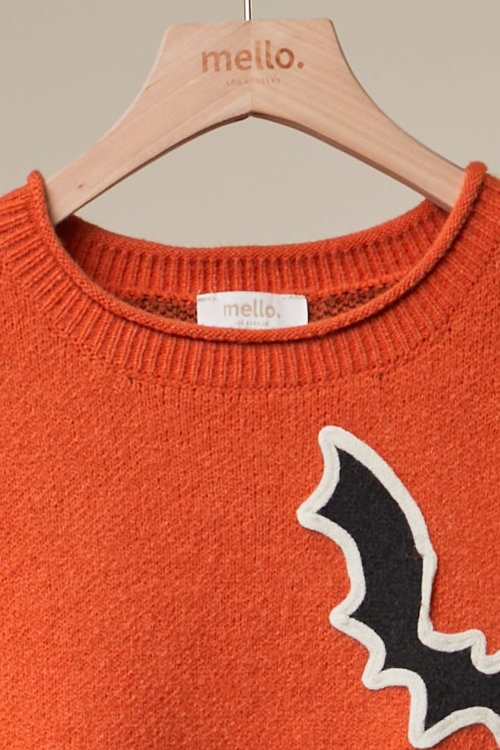 Halloween Sweater Bat Applique Checkered Sleeve