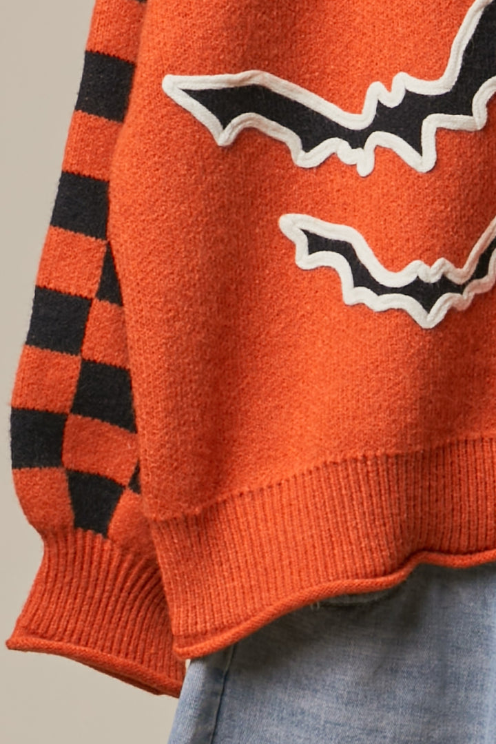 Halloween Sweater Bat Applique Checkered Sleeve