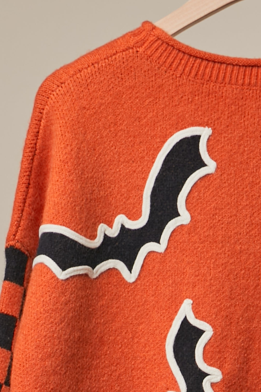 Halloween Sweater Bat Applique Checkered Sleeve
