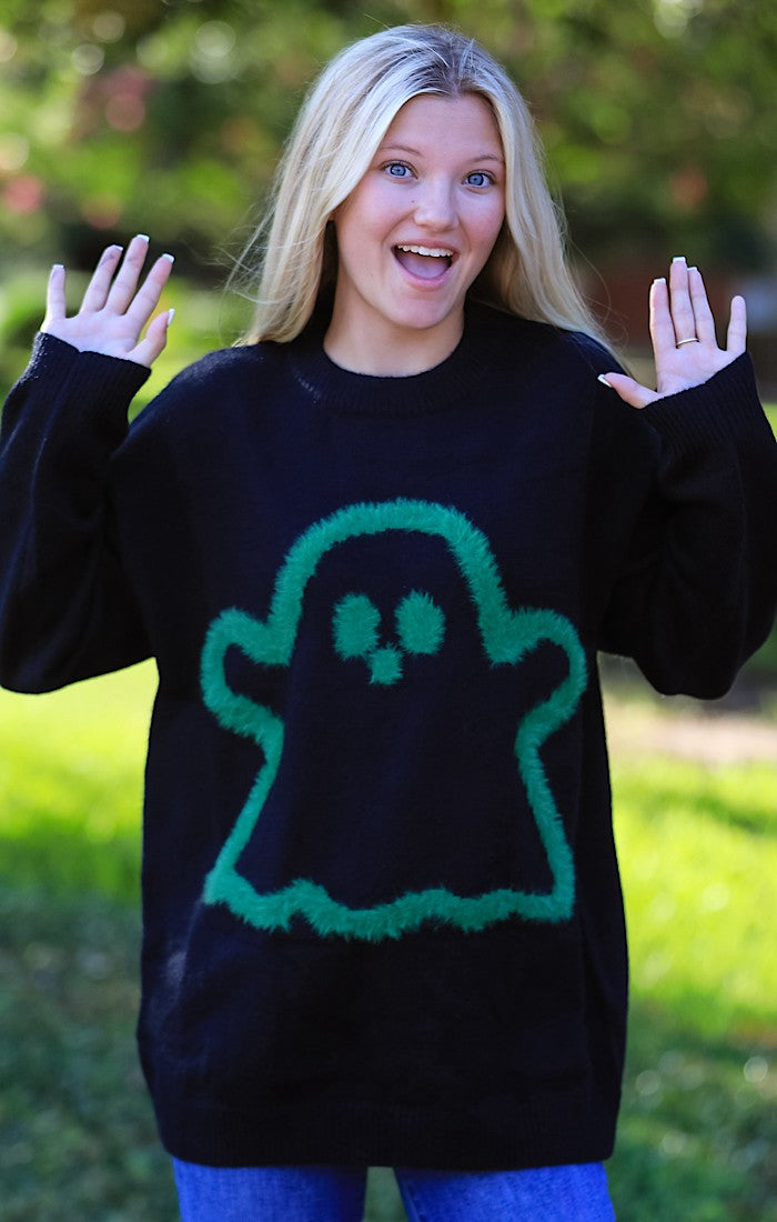 Halloween Sweater Fuzzy Ghost Black