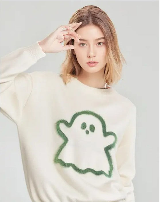 Halloween Sweater Fuzzy Ghost White