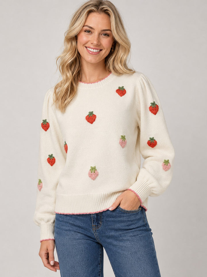 Strawberry Red to Pink Embroidery Sweater