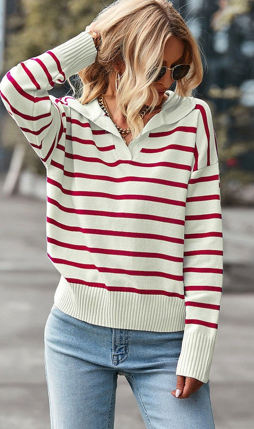 V-neck Striped Sweater Red