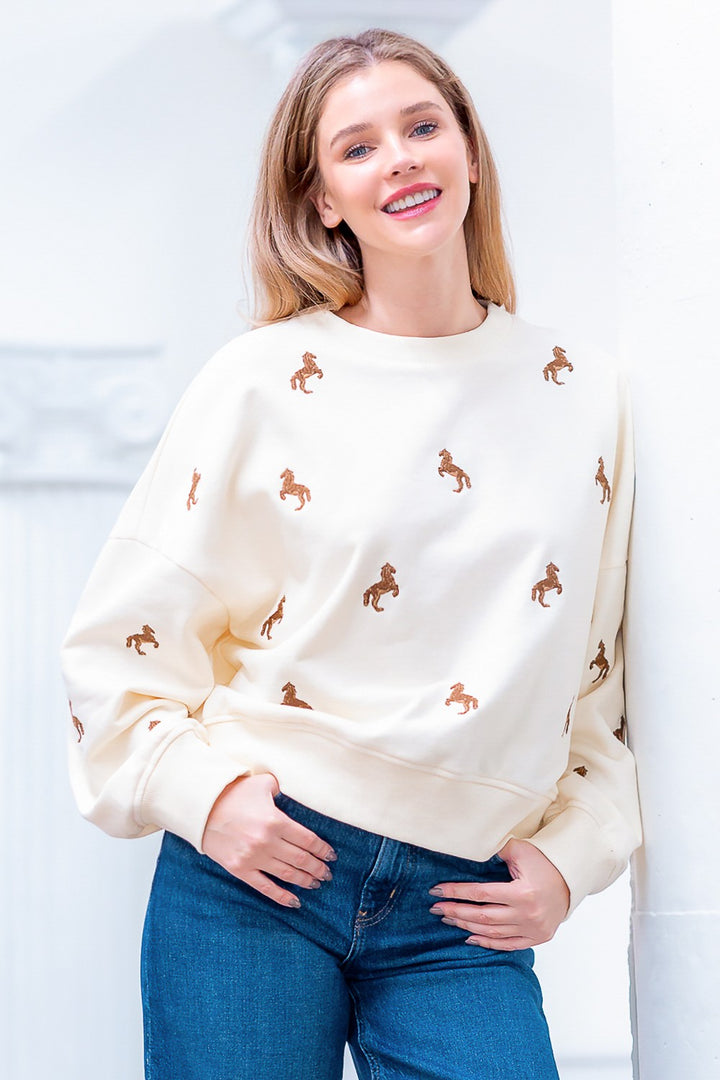 Embroidered Horse Sweatshirt Ivory