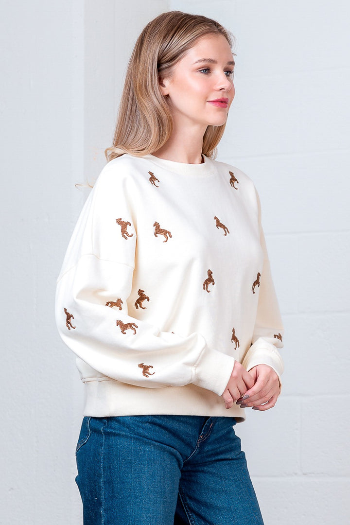 Embroidered Horse Sweatshirt Ivory