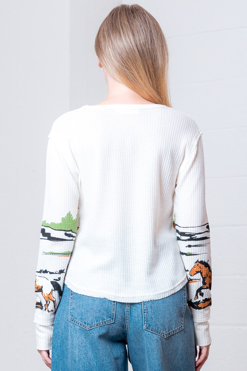 Horse Printed Waffle Thermal Long Sleeve