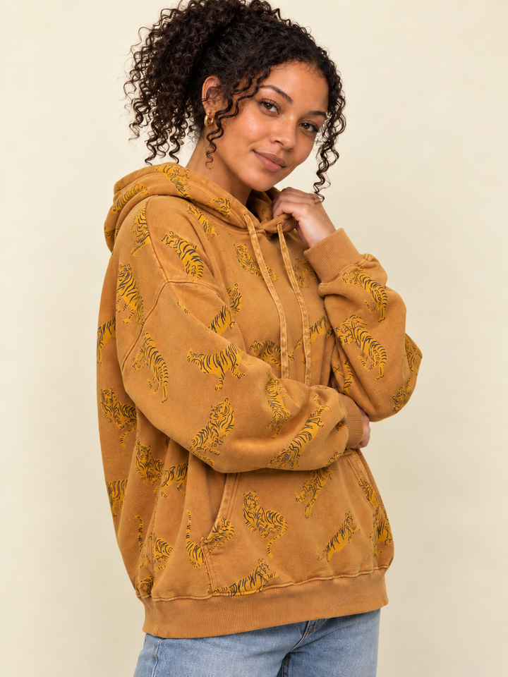 Tiger Hoodie Camel angled view on model