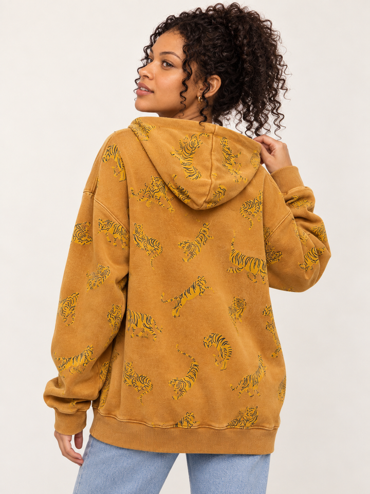 Tiger Hoodie Camel back view on model