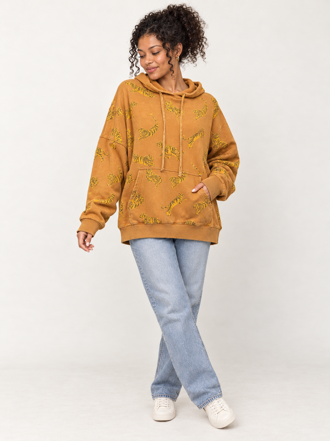 Tiger Hoodie Camel full body view on model