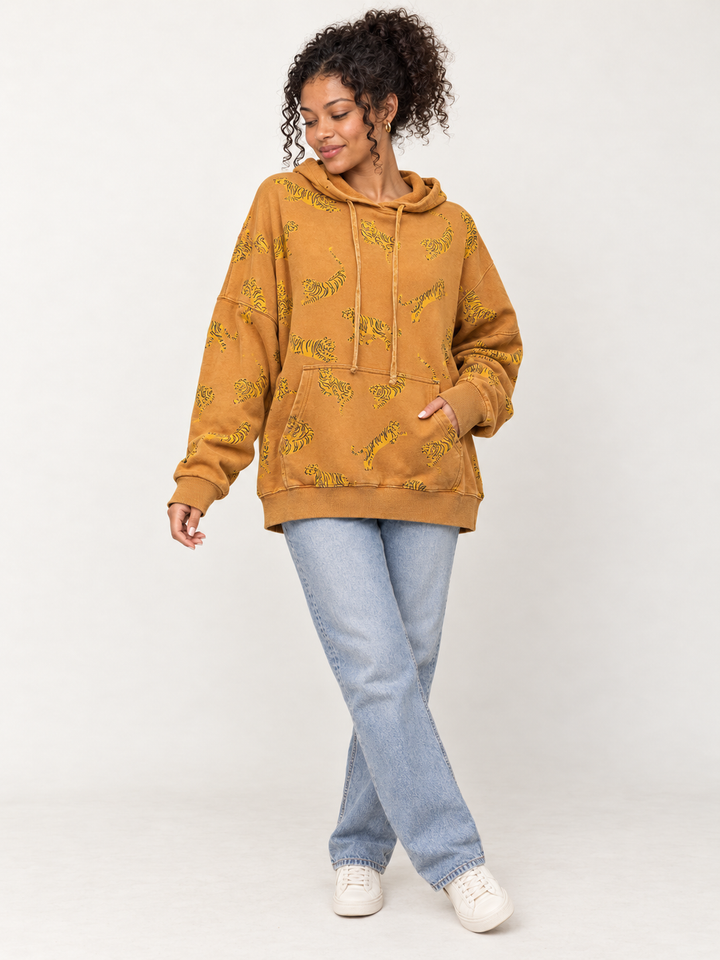 Tiger Hoodie Camel full body view on model