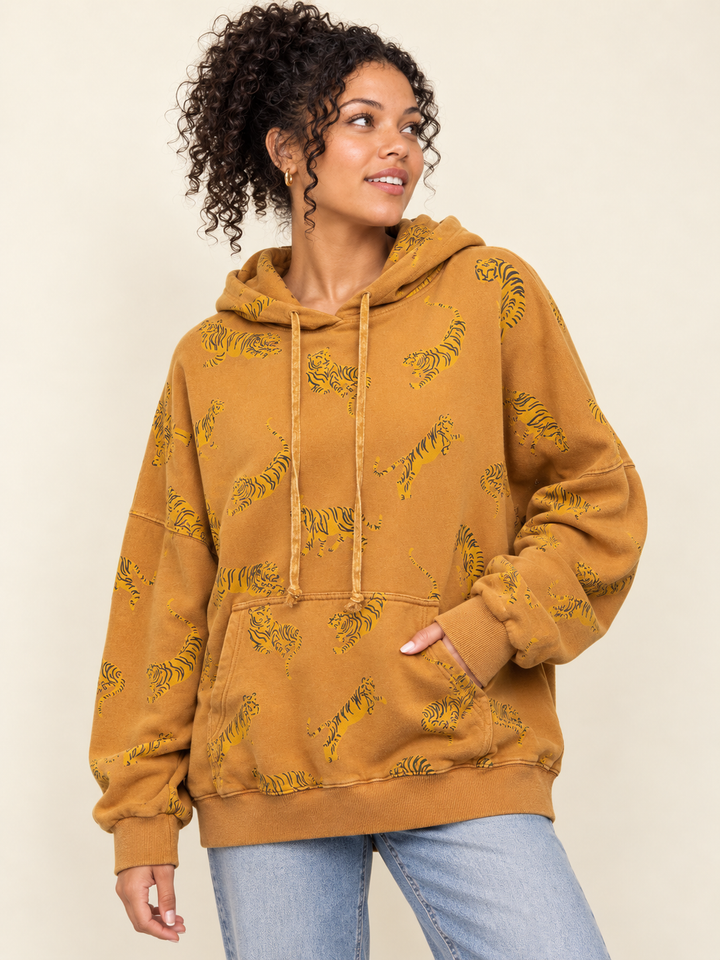 Tiger Hoodie Camel front view on model