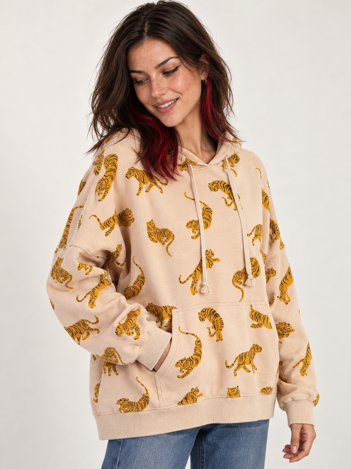 Model wearing Tiger Hoodie Khaki — three-quarter view