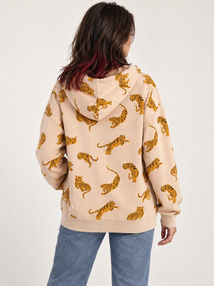 Model wearing Tiger Hoodie Khaki — back view