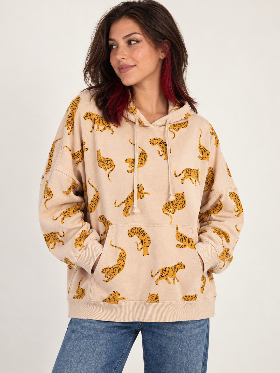 Model wearing Tiger Hoodie Khaki — front view