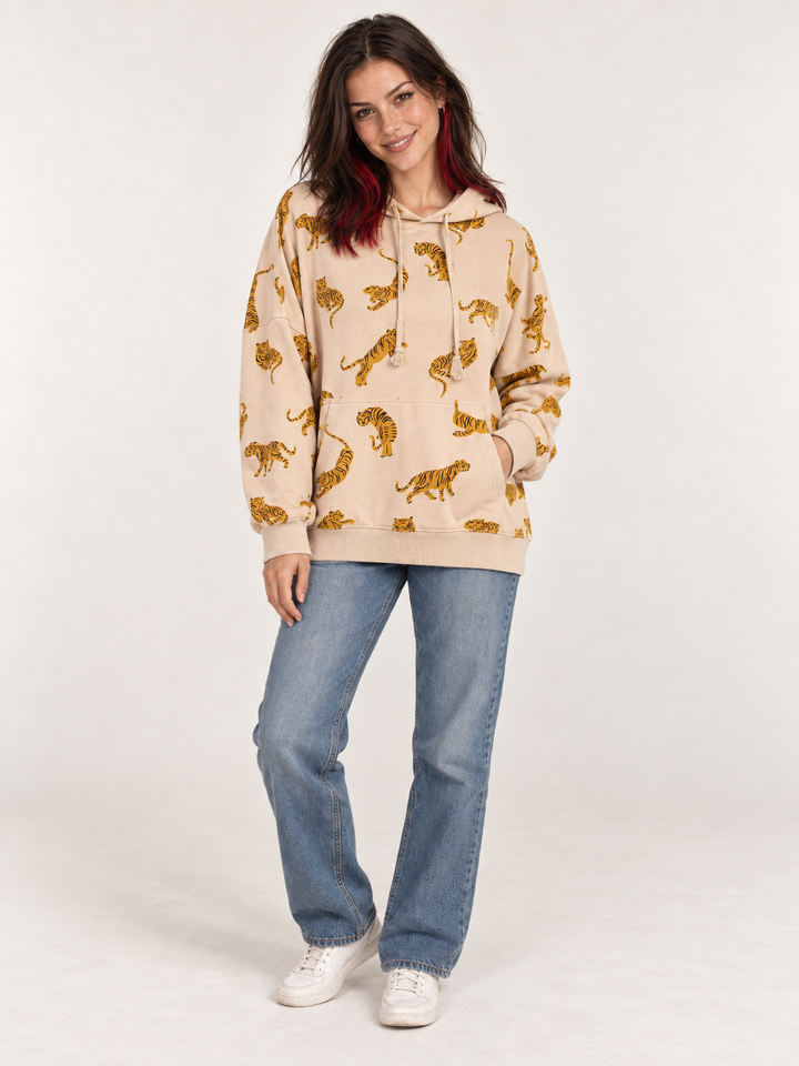 Model wearing Tiger Hoodie Khaki — full-body front view